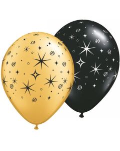 Sparkles & Swirls - Mix Black With Silver Print & Gold With Black Print - 28cm (11 Inch) Latex Balloon (12578Q)