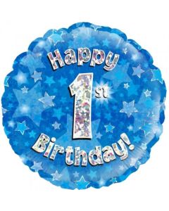 Blue Holographic Happy 1st Birthday 45cm Foil Balloon (210491A)