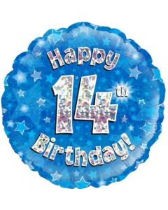 Blue Holographic Happy 14th Birthday 45cm Foil Balloon (210504A)