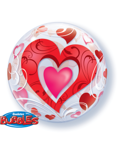 Red Hearts & Filigree - 22 Inch Bubble Balloon (33909Q)