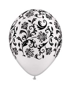 Damask Accent Pattern - White with Black Print - 28cm (11 Inch) Latex Balloon (37508Q)