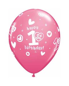 First Birthday Circle Rose Hearts - Girl 28cm (11 Inch) Balloon (38066Q)