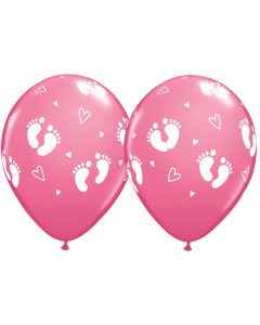 Baby Footprints and Hearts - Rose - 28cm (11 Inch) Latex Balloons (43418Q)