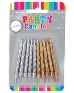Gold Silver Mettallic Candles - Pack 10 - With Holders (E610)