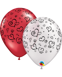 Heart Swirl - Ruby & White Black Print - 28cm (11 Inch) Latex Balloon (76877Q)