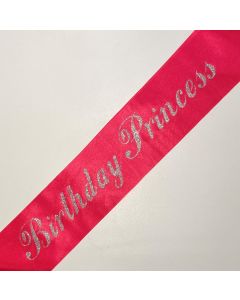 Sash - Birthday Princess - Pink With Silver Glitter Print (CB0807)