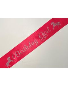 Sash - Birthday Girl Unicorn - Pink With Silver Glitter Print (CB0813)