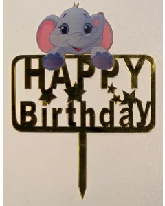 Happy Birthday Elephant - Gold - Cake Topper (CB0847)
