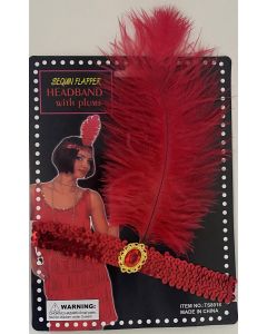 1920's Headband - Red Band With Red Feather (CB1177)