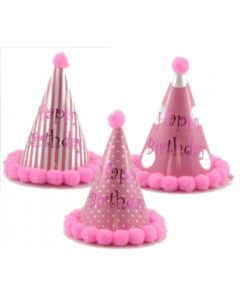 Pom Pom Party Hats - Happy Birthday Pinks Assorted (202141A)